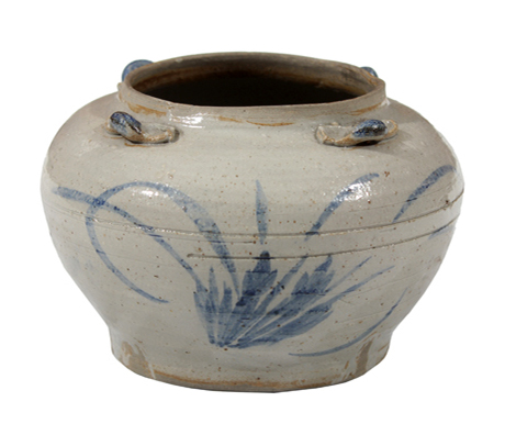 A blue underglaze jar with loop handles.