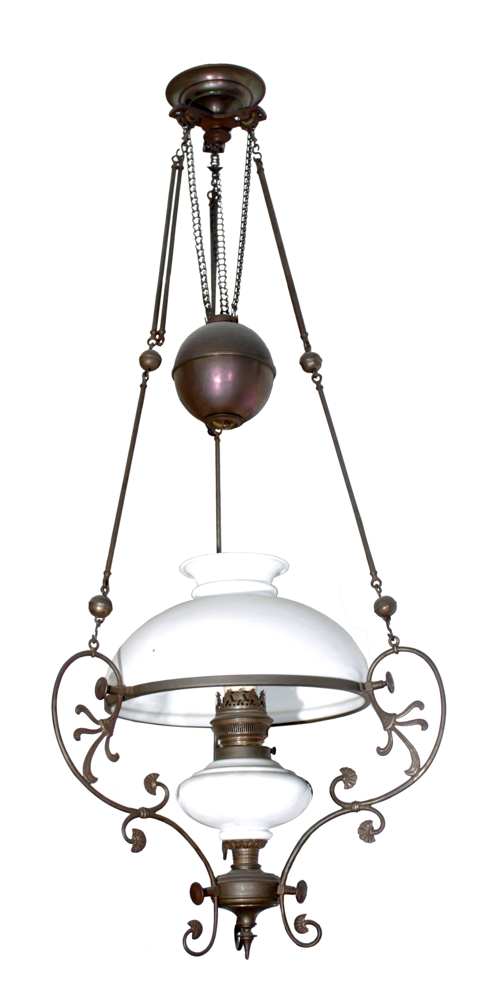 An iron hanging lamp with white glass shade.