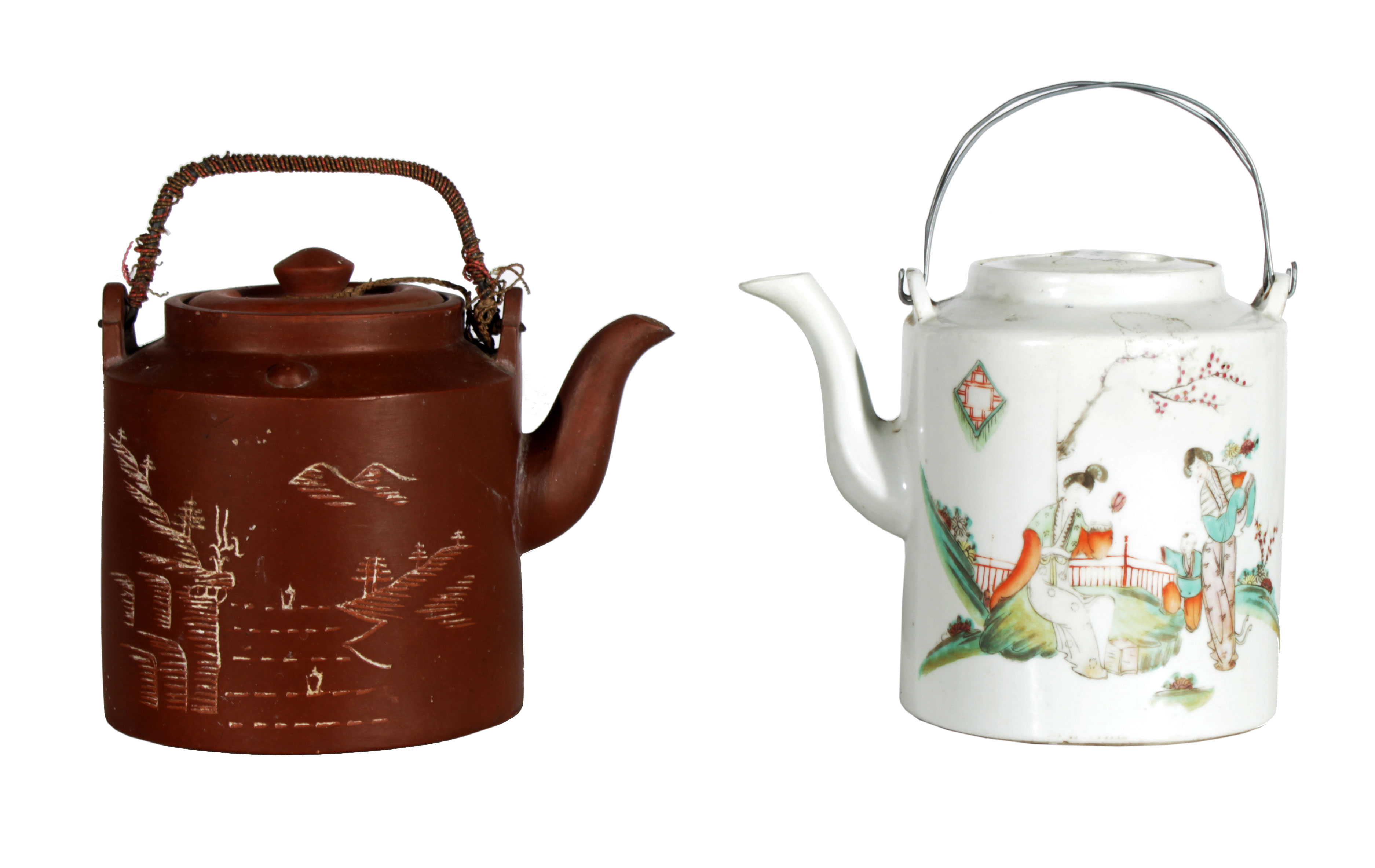 A terracotta tea pot and a ceramic tea pot with lid.