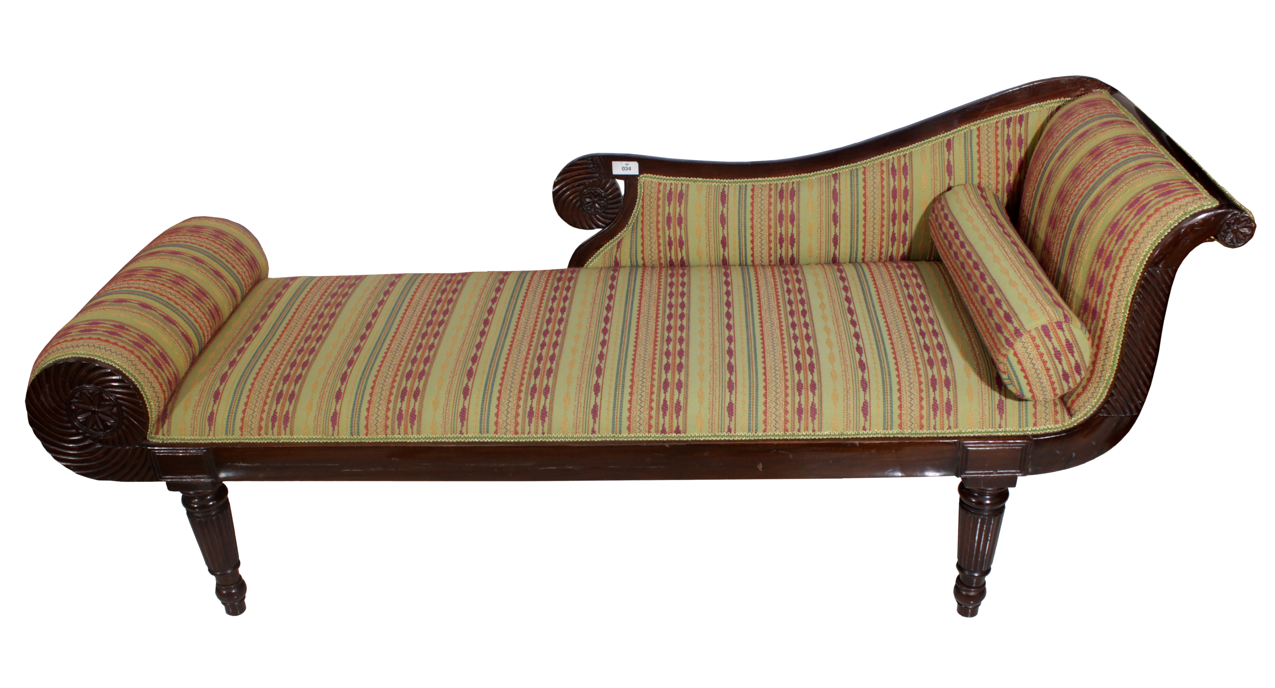 A wooden chaise lounge with modern upholstery.