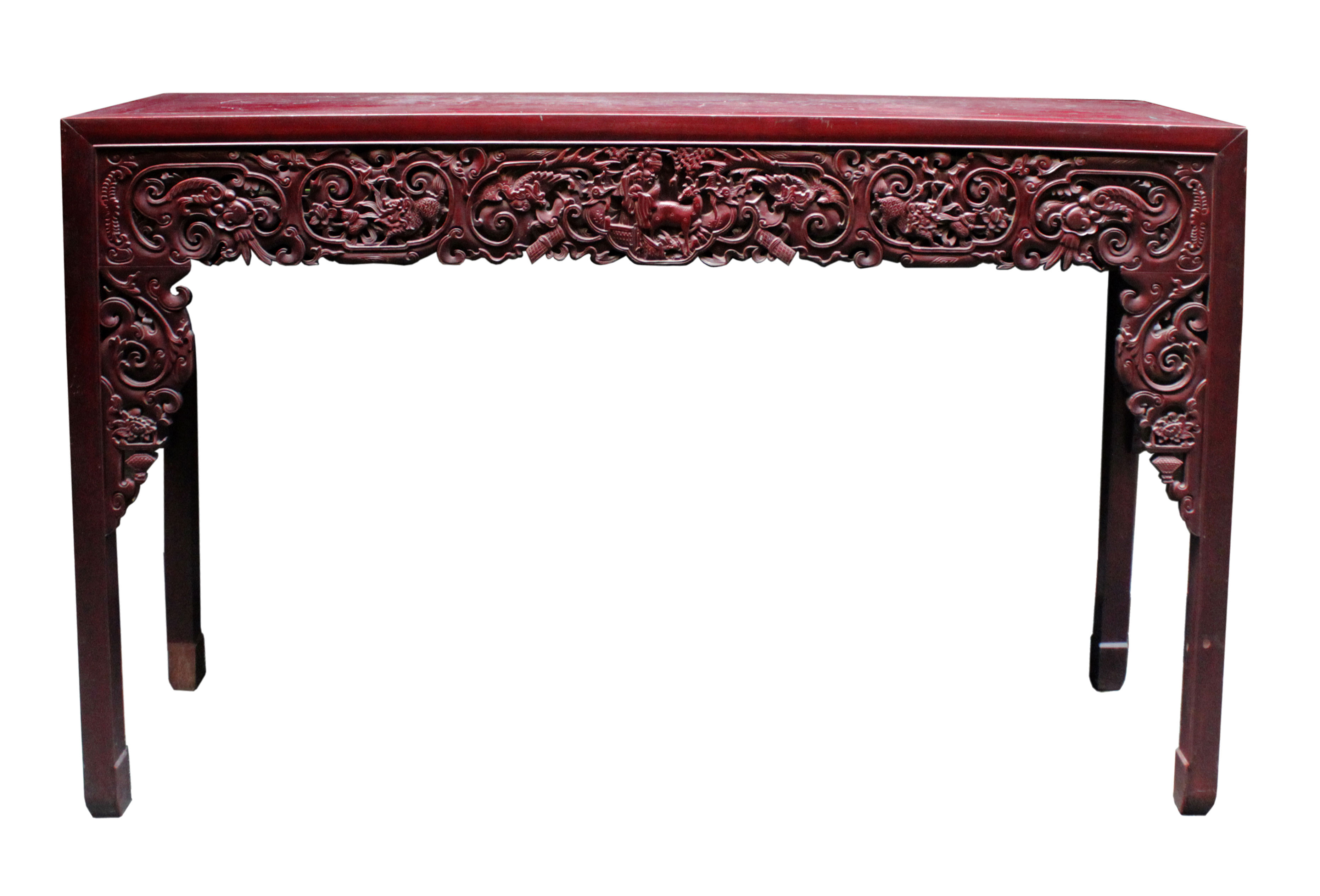 A Peranakan altar table with carved decorations on four straight legs.