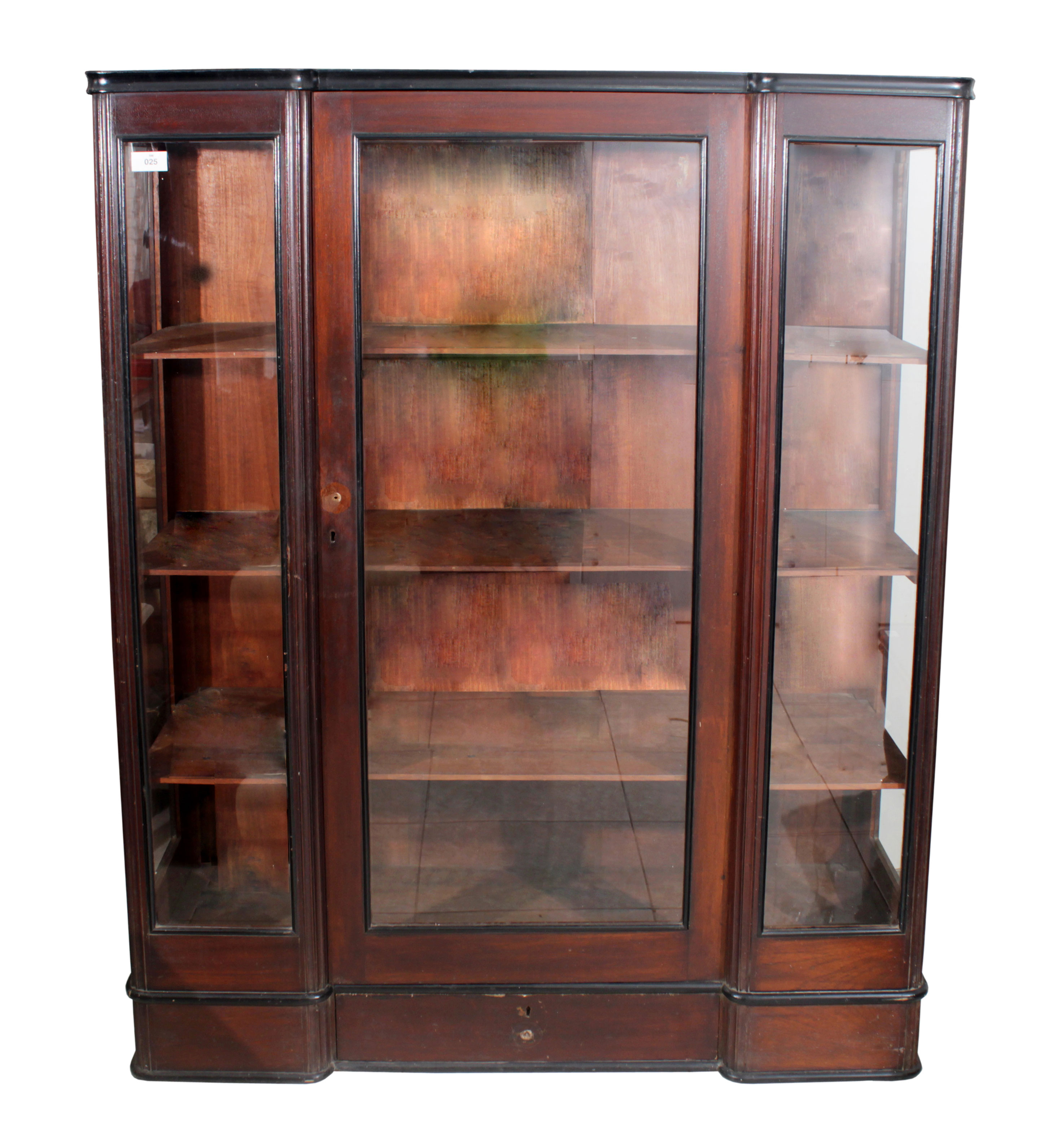 An art Deco style wooden display cabinet with three panels of glass doors.