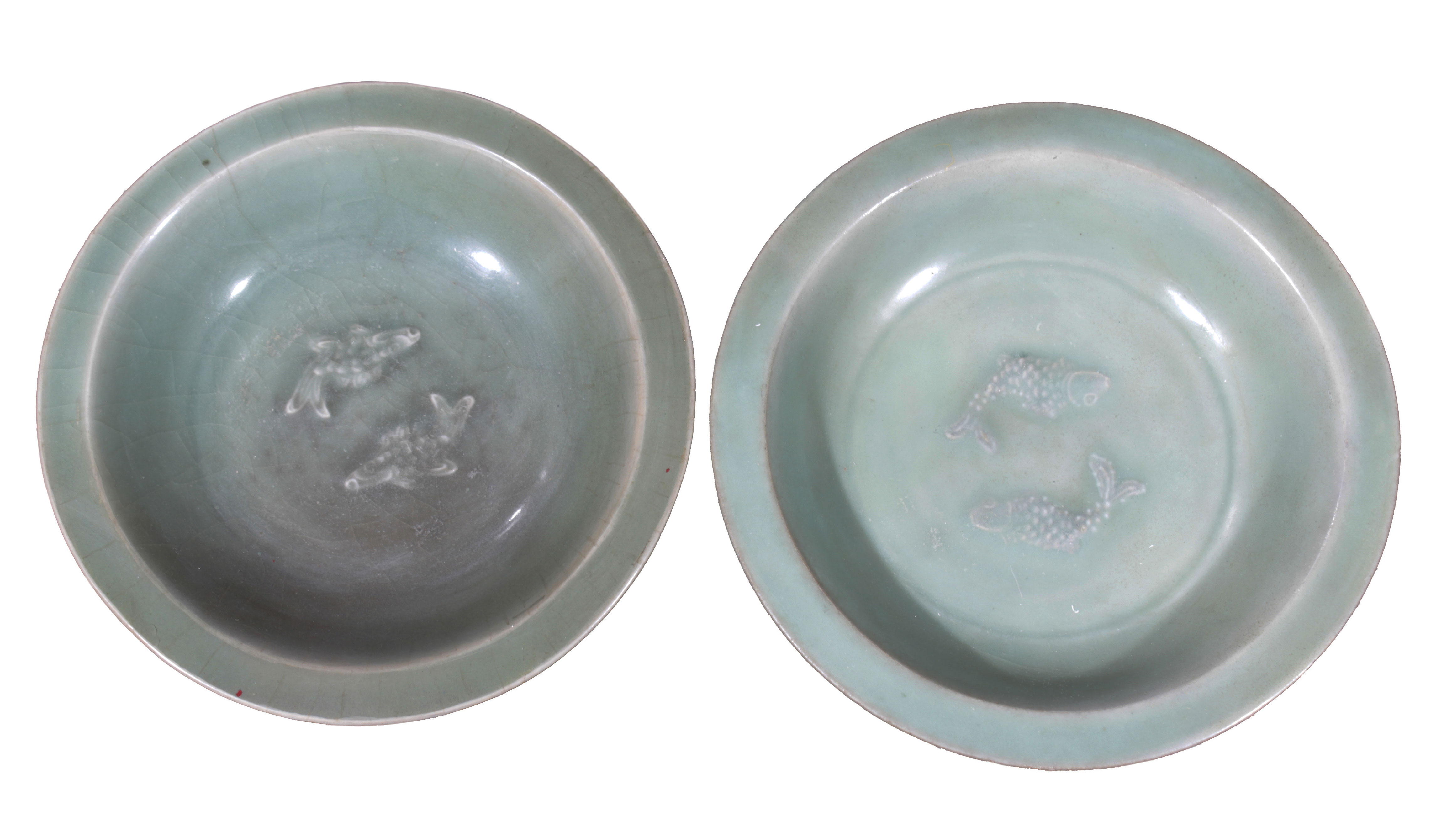 Two Longquan celadon dishes with decorations of twin fish.