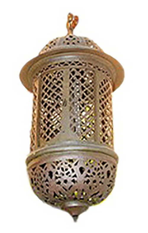 An iron hanging lamp with cutout patterns.