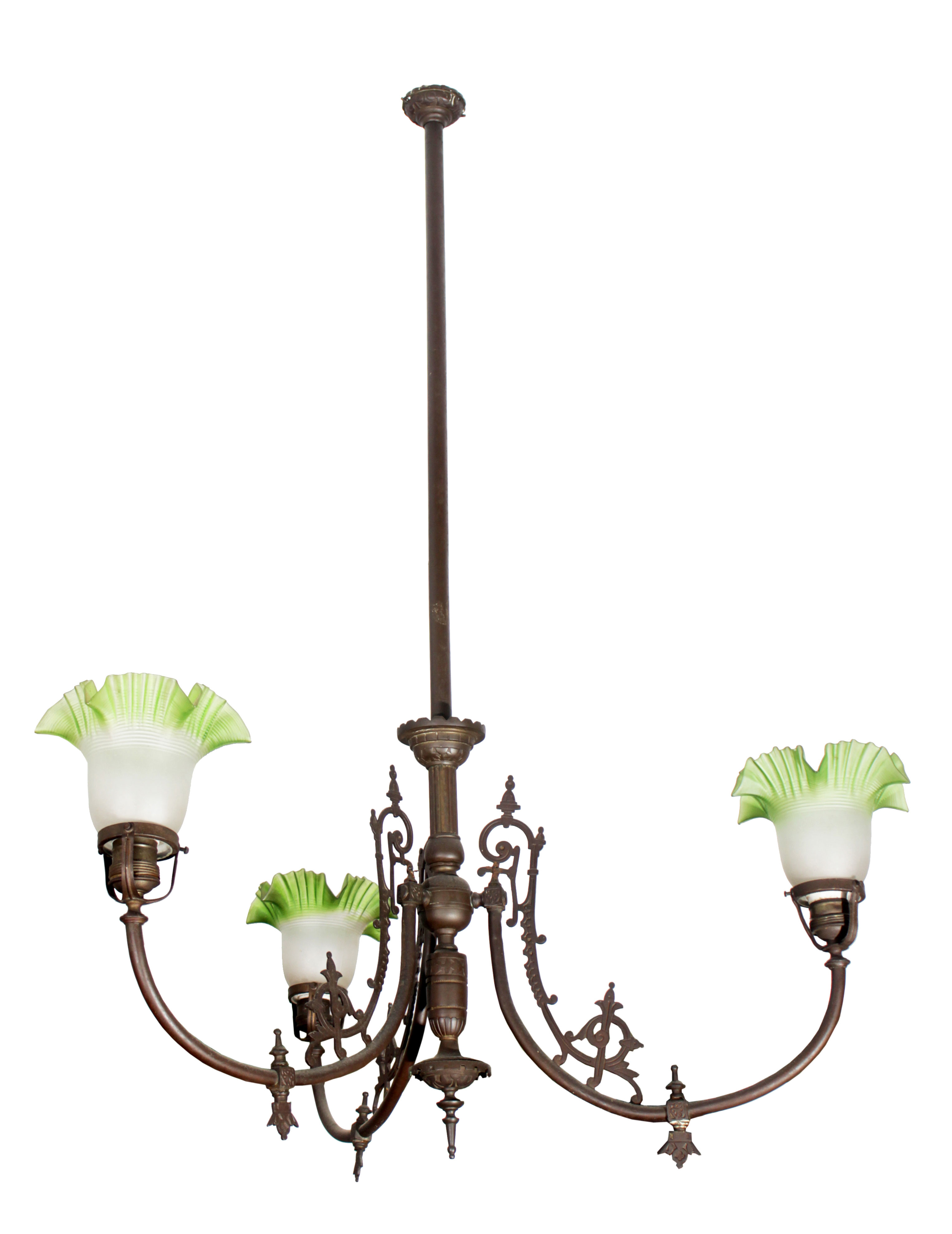 A three-arm brass hanging lamps with glass floral lamp shades.