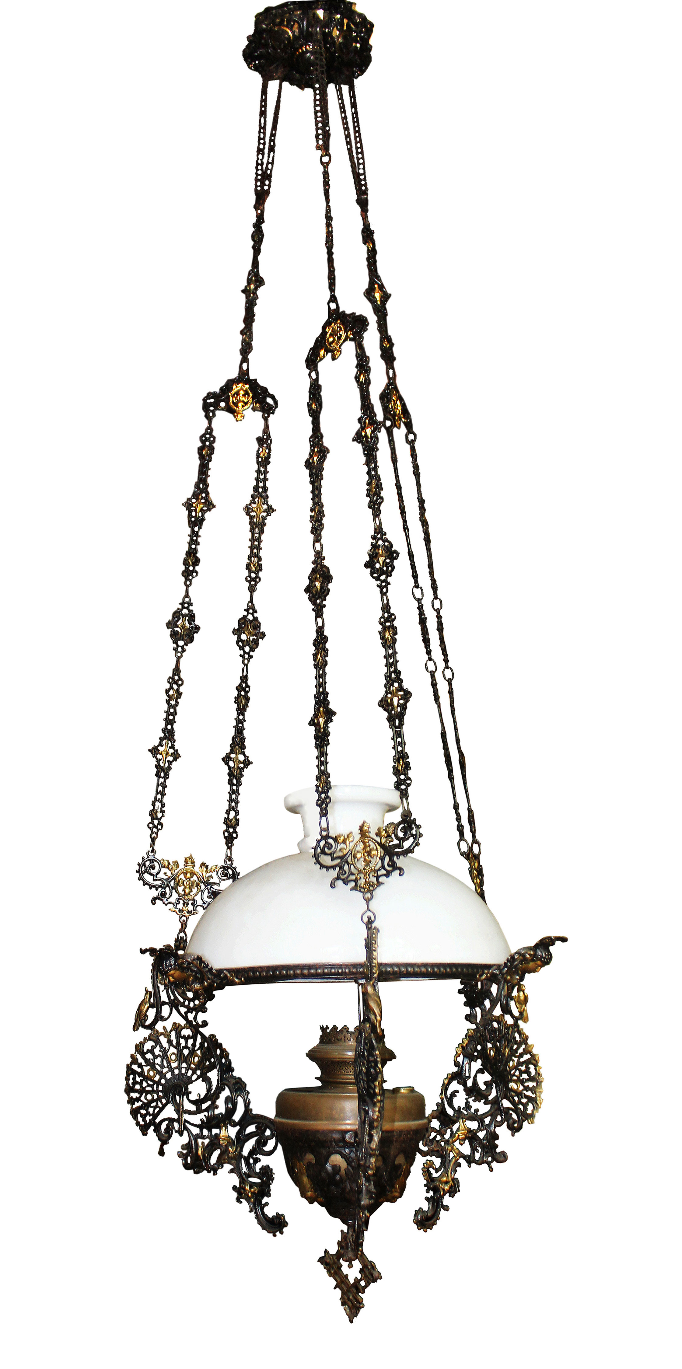 An iron hanging oil lamp with a porcelain shade.