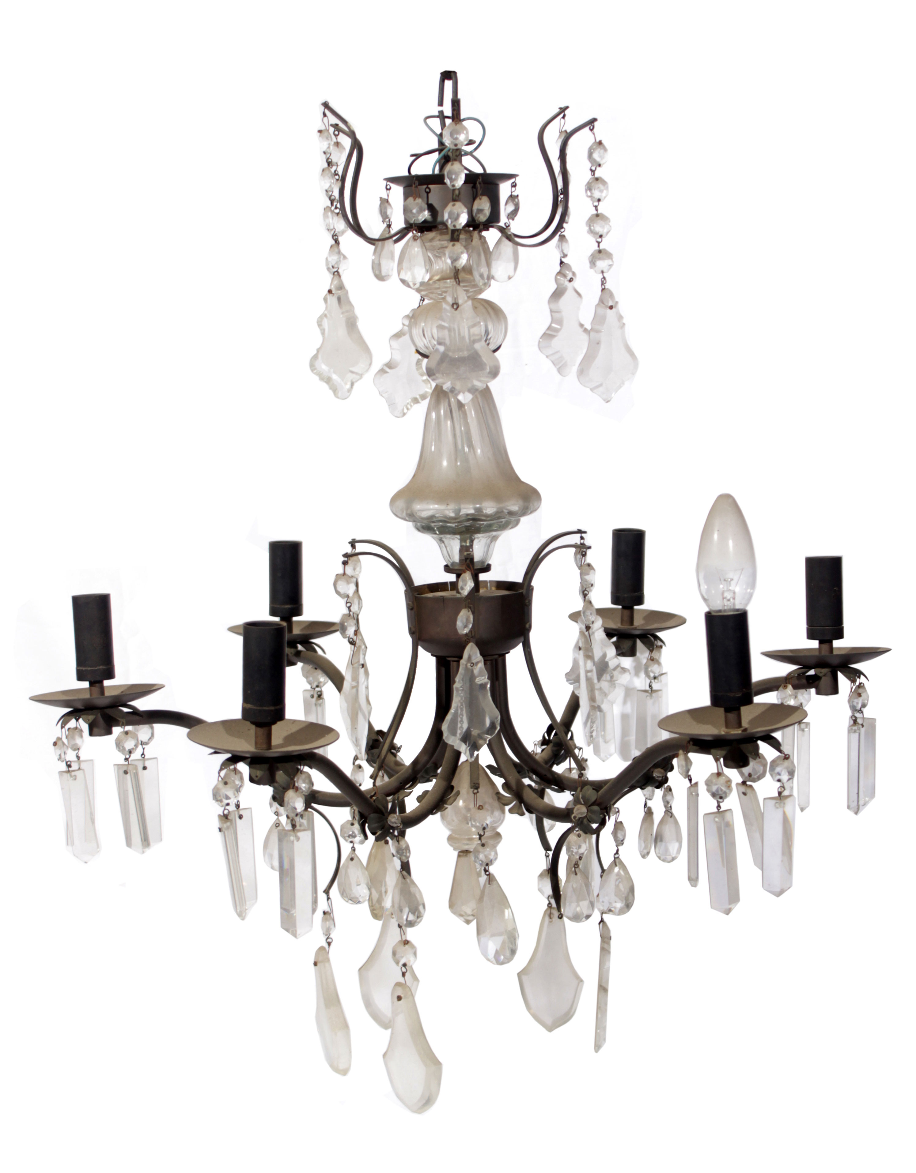 A six-arm chandelier with crystal ornaments.