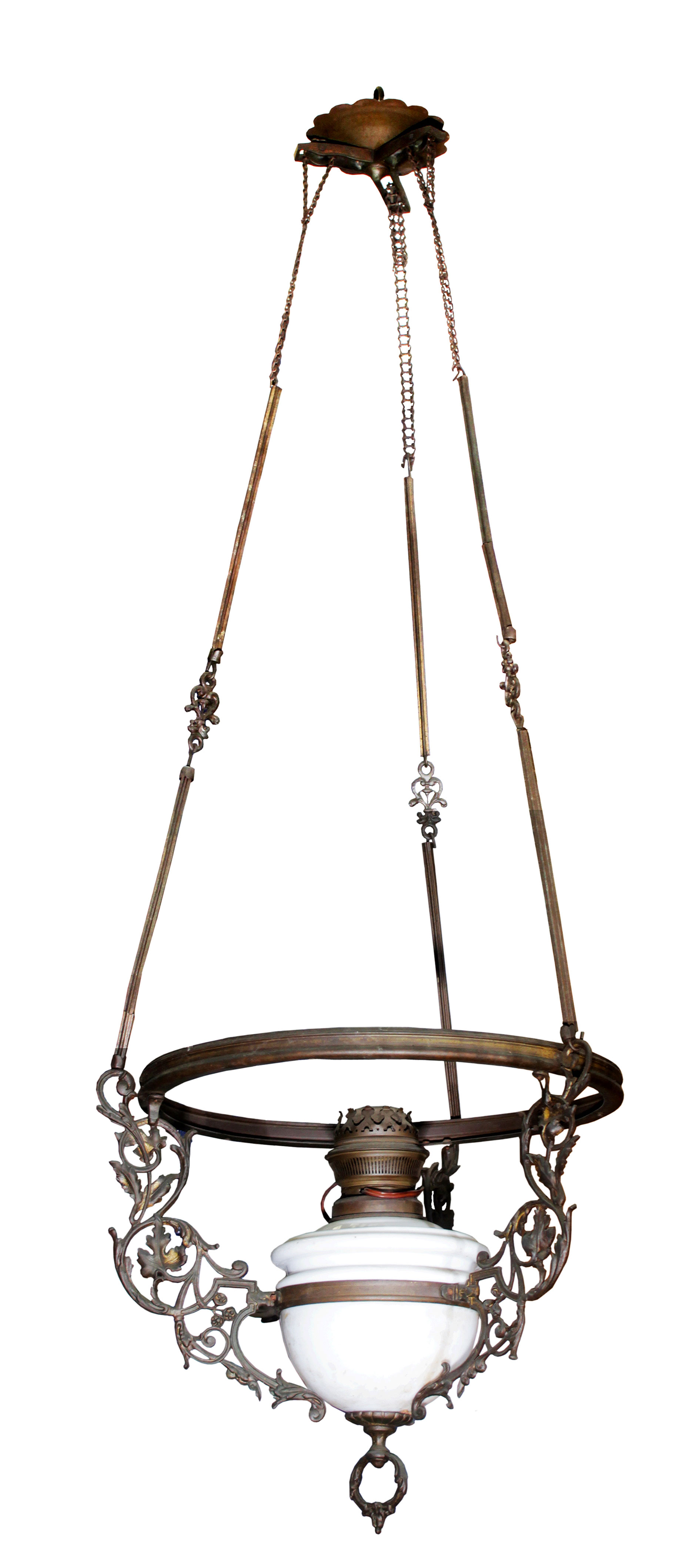 A brass hanging lamp.