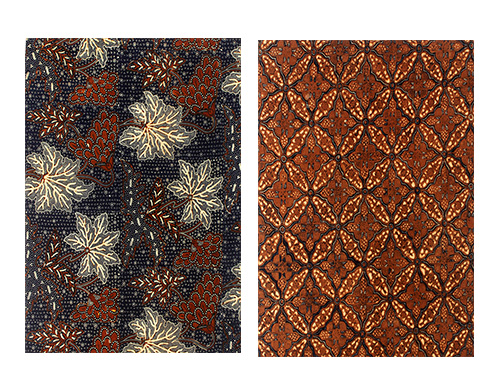 Two long Batik cloths with flower and kawung patterns.