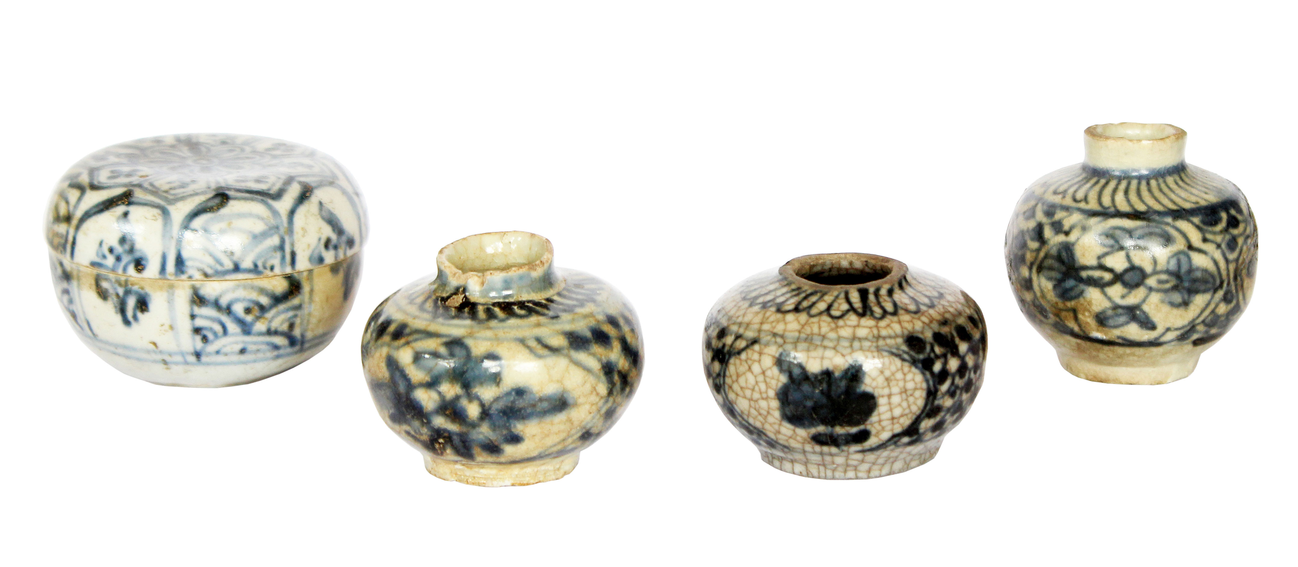 A 15th - 16th century Vietnamese blue and white covered box and three Late Ming (16th - 17th century) blue and white jarlets.