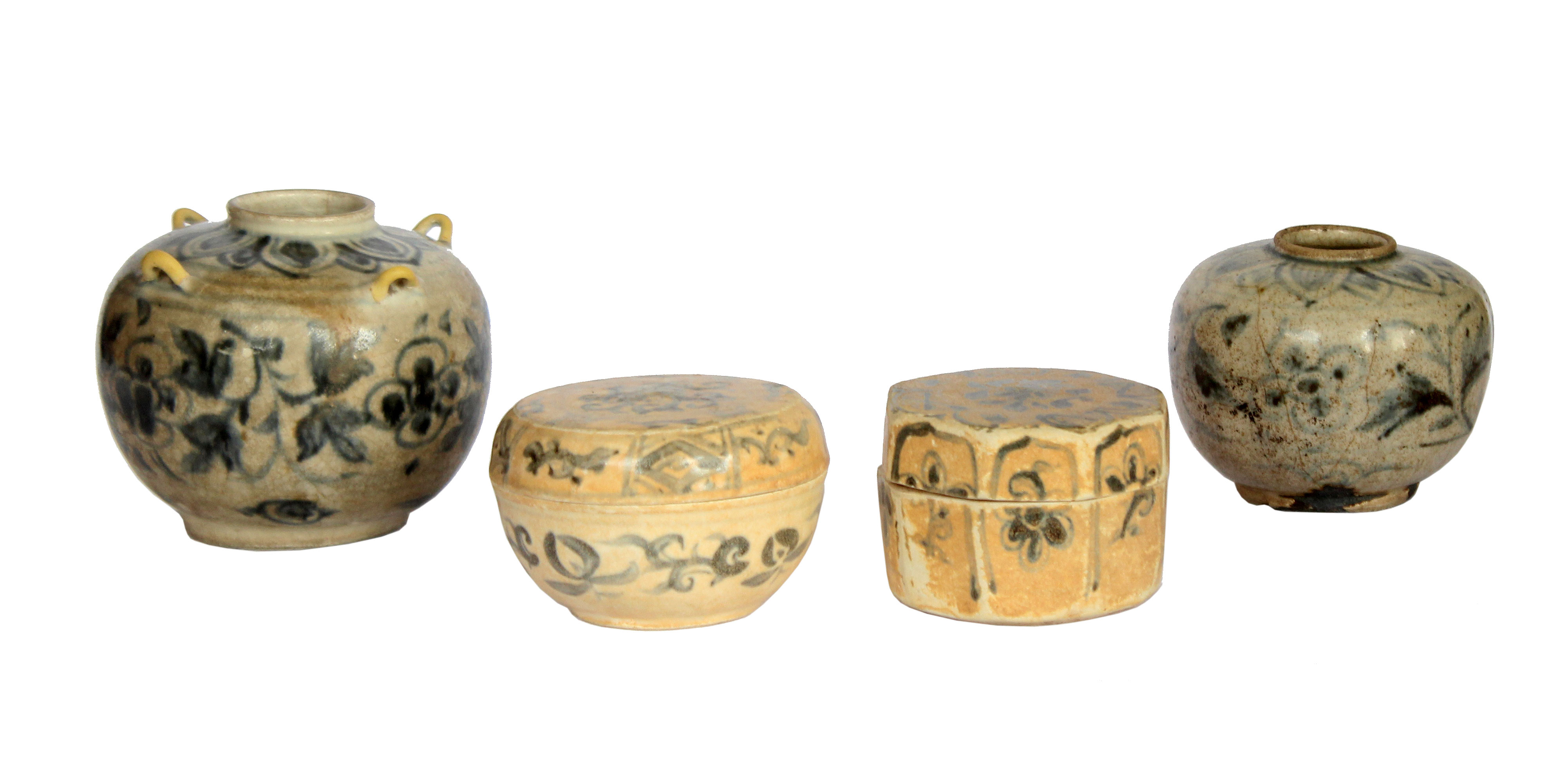 A 15th - 16th century group of Anamese blue and white containers consisting of two jarlets and two covered boxes.