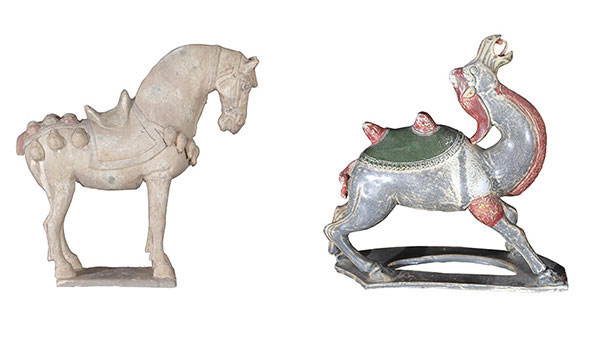 An earthenware sculpture in the form of horse and a glazed stoneware sculpture in the form of camel.