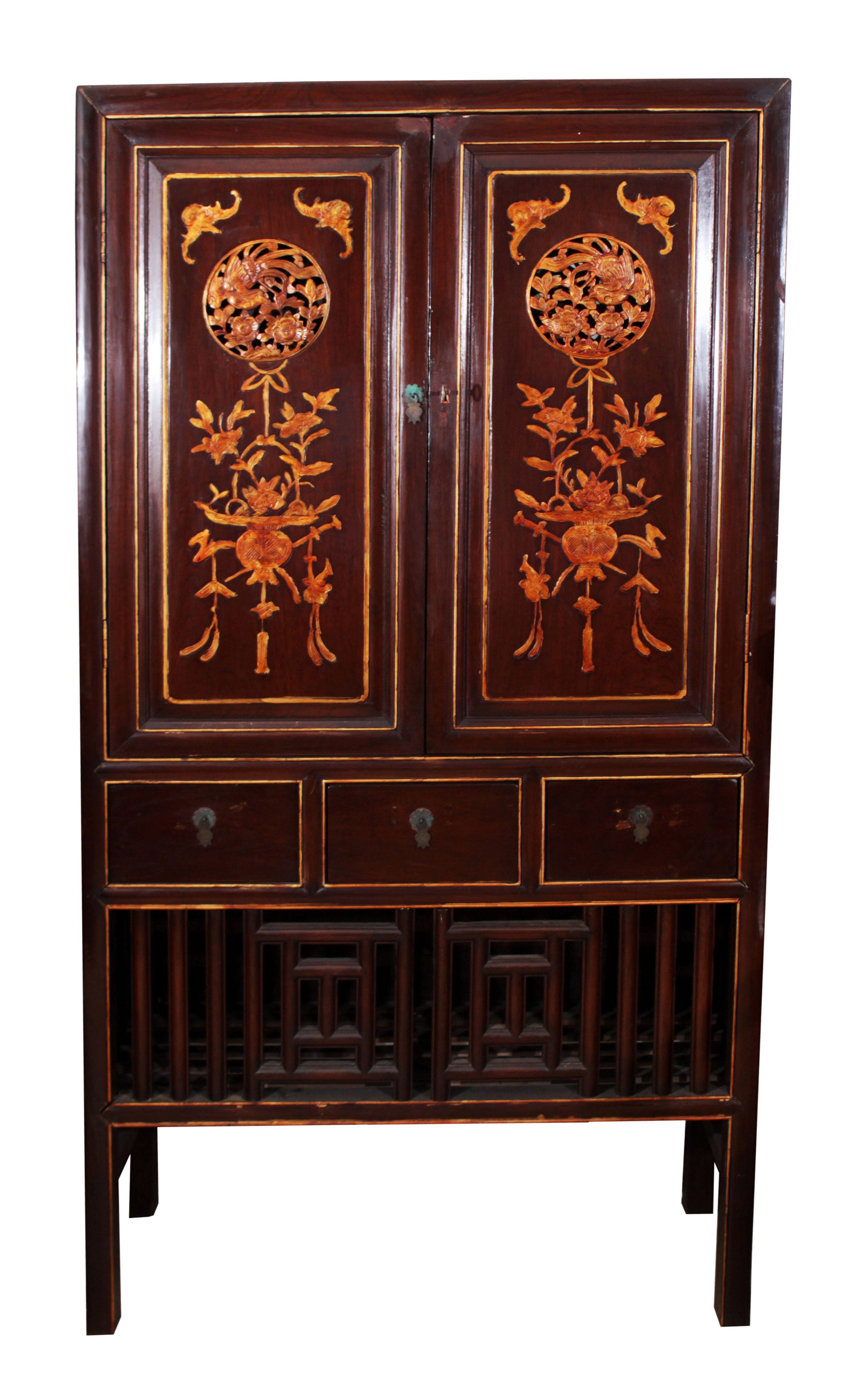 A Chinese Peranakan brown and gold kitchen cabinet.