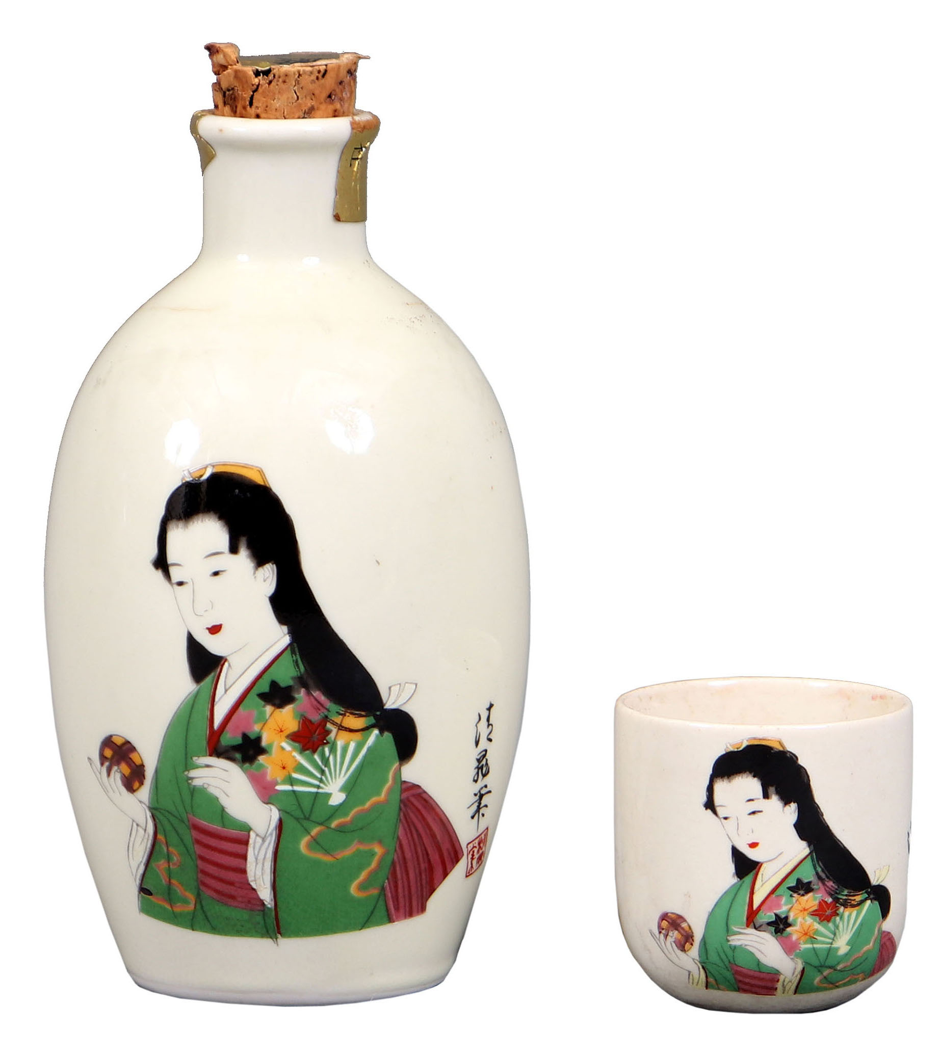 A Japanese polychrome bottle and cup, each ornamented with a picture of a Japanese young woman