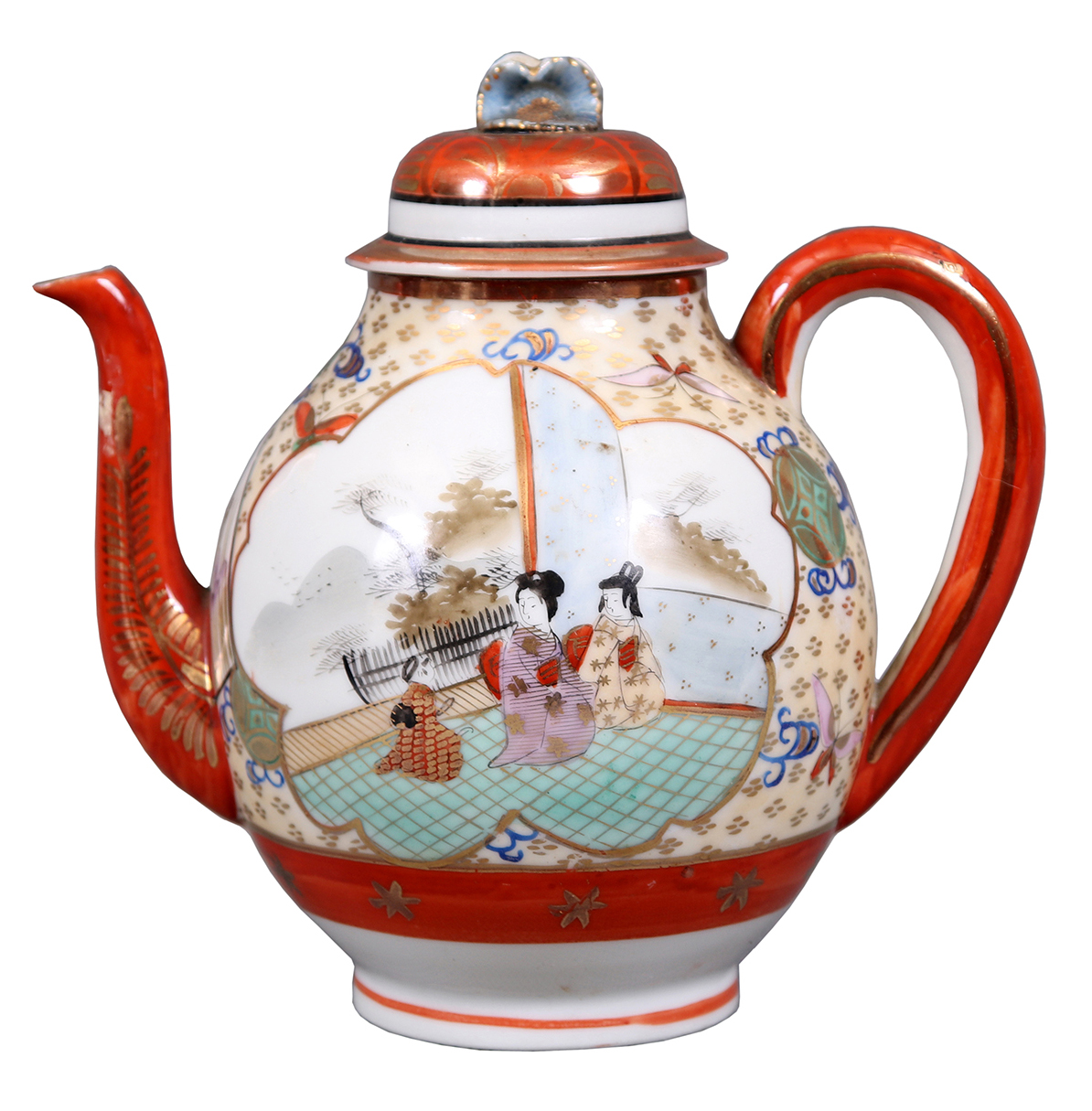 An early 20th century Japanese polychrome teapot, ornamented with a depiction of a Japanese family