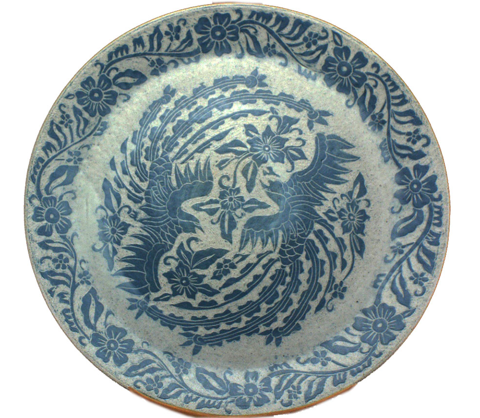 A Pekunden blue stoneware ceramic dish with Sawunggaling motif, Jakarta