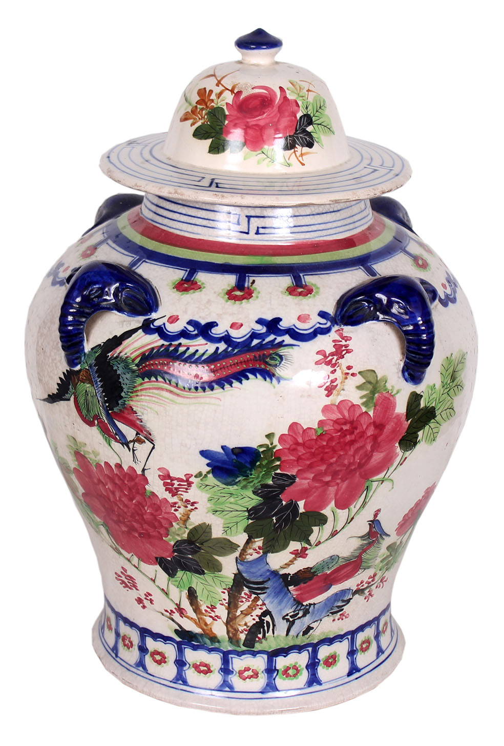 A first half 20th century (Republic of China period) Fengxi Chaozhou polychrome phoenix and peony covered jar