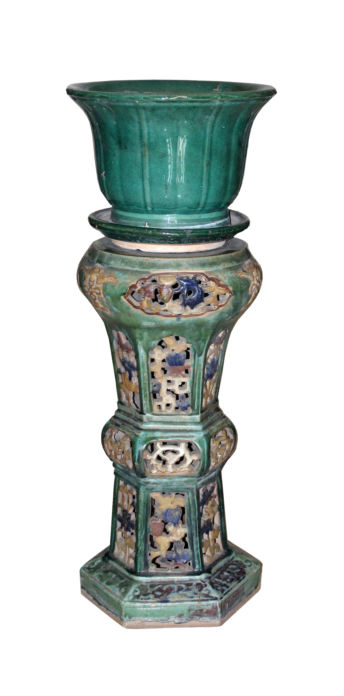 A late qing Shiwan green glazed pot and polychrome stand