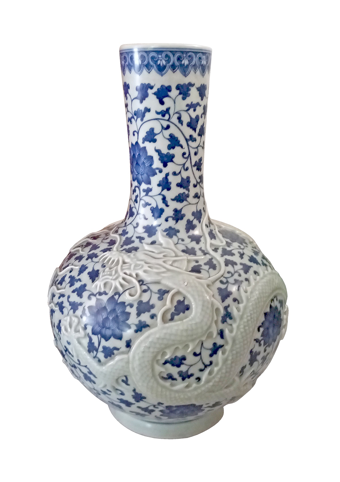 A Chinese modern blue white vase with applied dragon