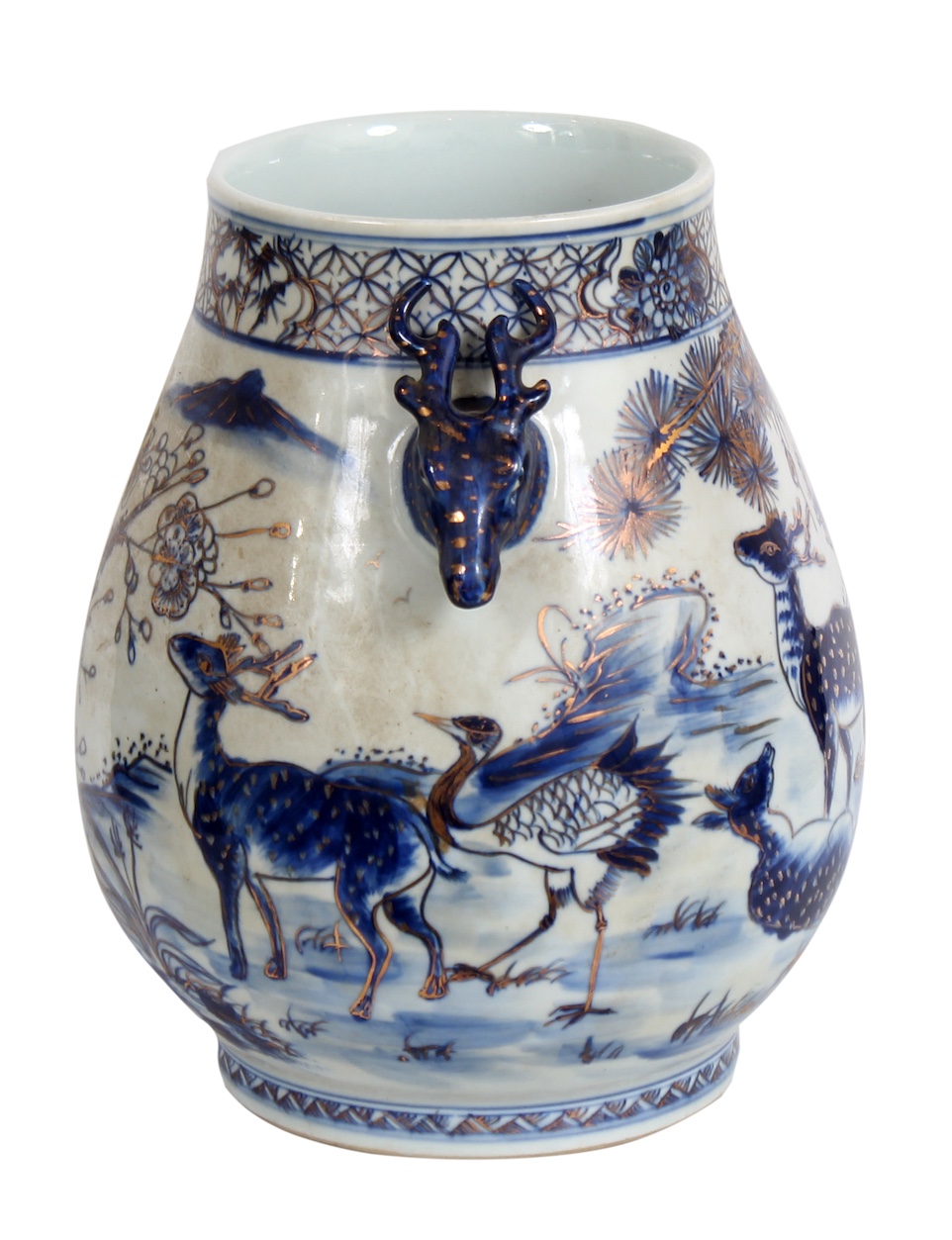 A Chinese modern Hu vase with deers and cranes in blue and red underglazed