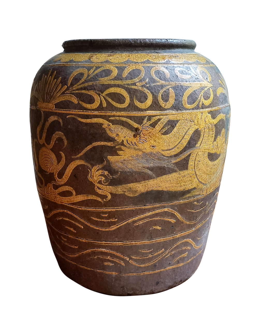 A 19th - early 20th century Chinese stoneware storage jar decorated with dragon in yellow occhre