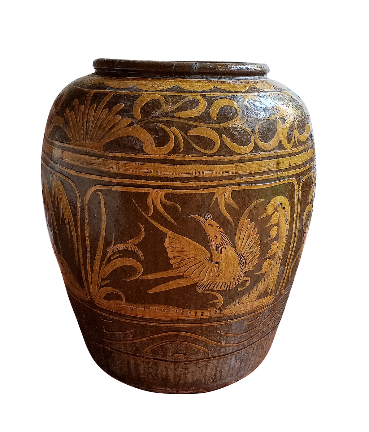 A 19th - early 20th century Chinese stoneware storage jar decorated with birds and floral in yellow occhre