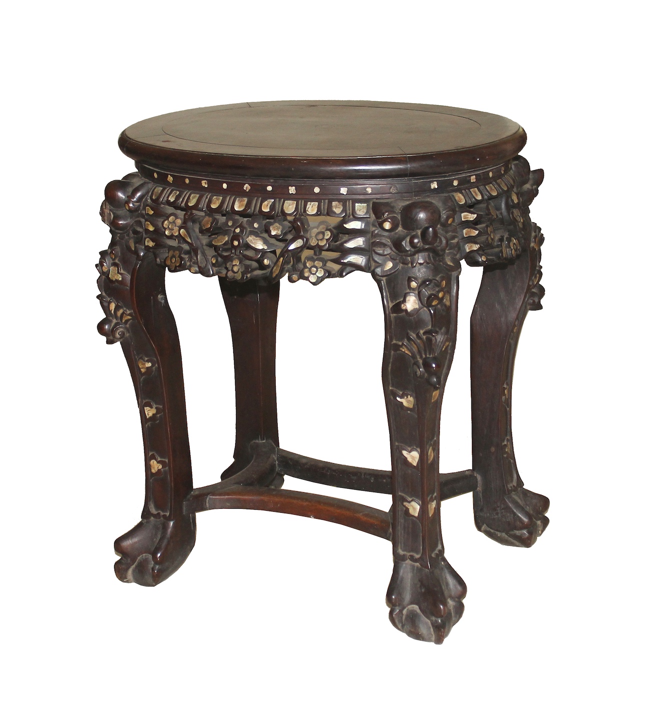 A Chinese hardwood stool with mother of pearl inlay