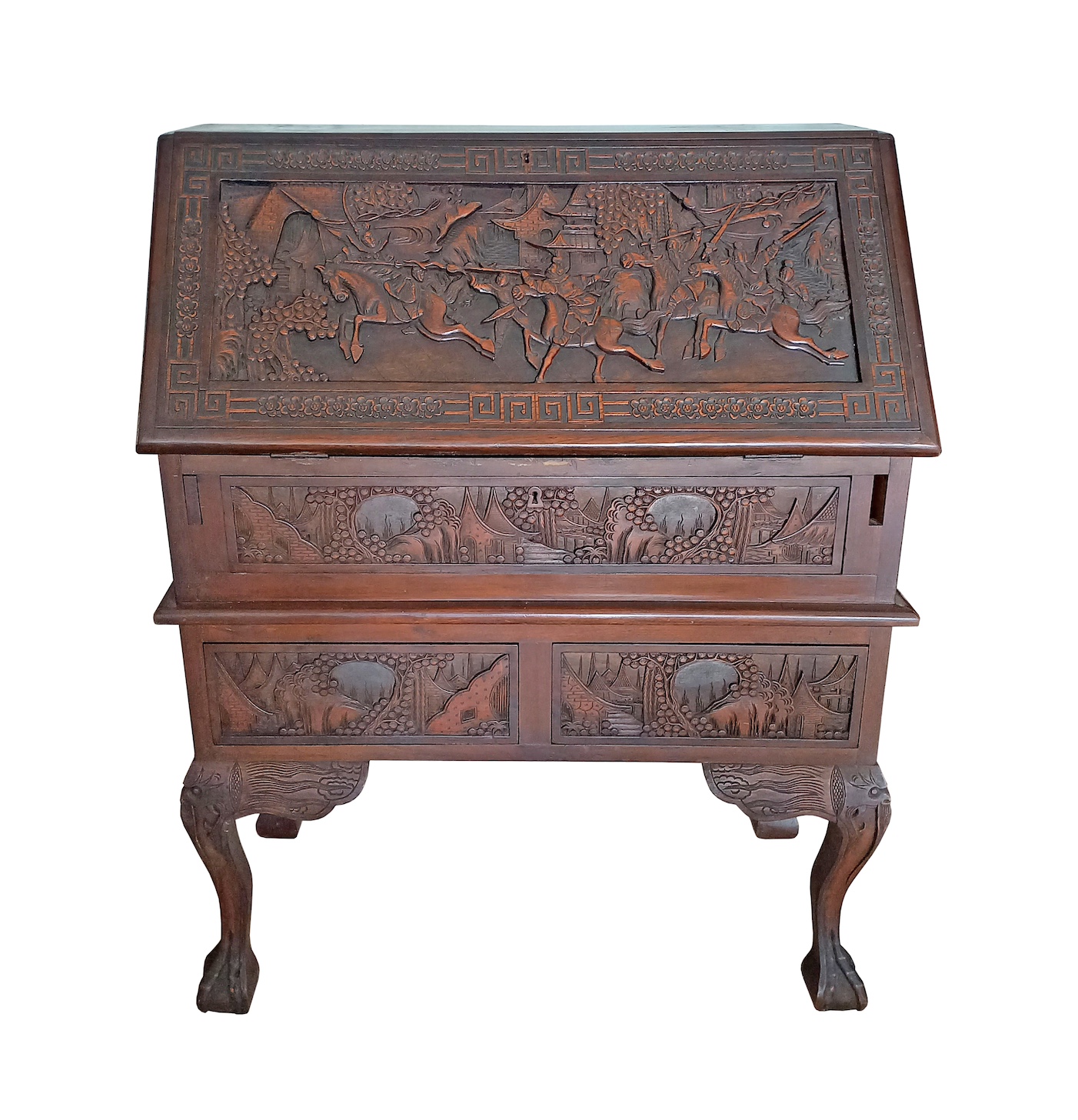 A mid 20th century Chinese style carved wood writting desk