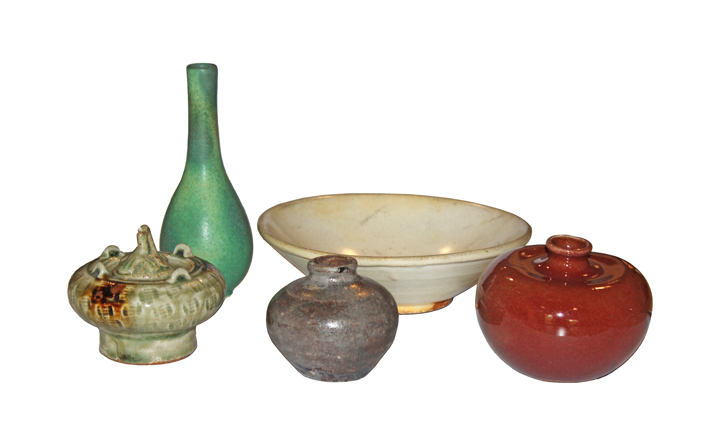 A group of five ceramics consisting of a 9th - 10th century Tang white glazed bowl, a modern green bottle vase, a modern celadon jar and cover, a brown glazed jarlet Song - Yuan period, a modern Sang de boeuf water pot