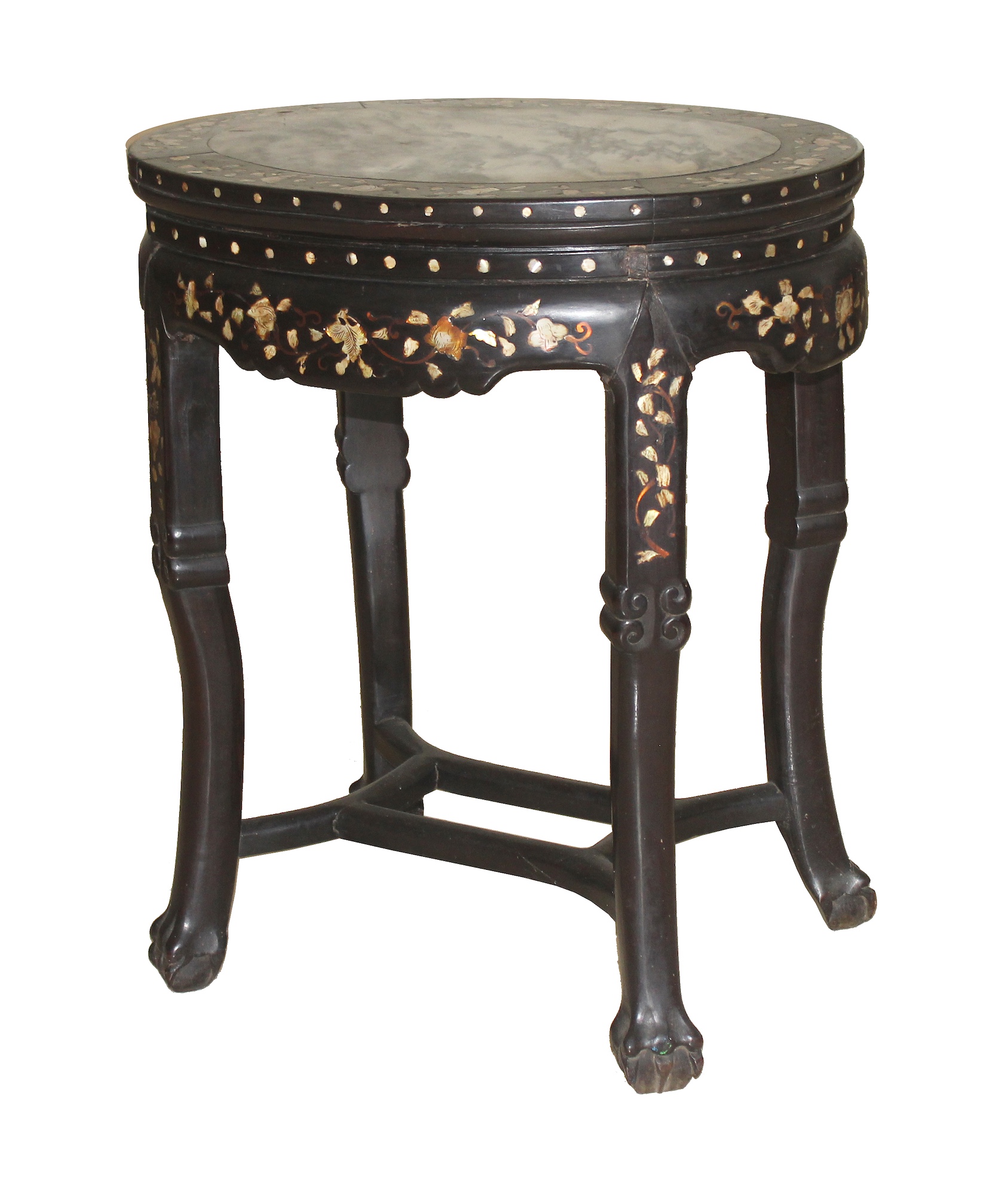 A Chinese hardwood stool with mother of pearl inlay marble inset