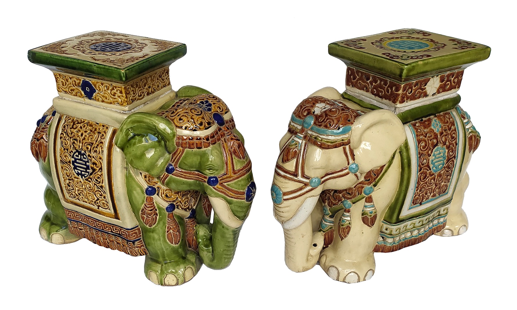 Two pieces of 20th century Vietnamese polychrome ceramic elephant stands