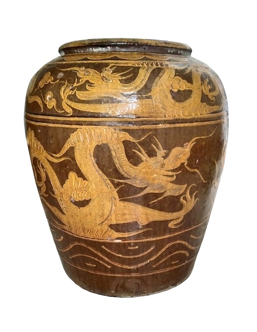 A 19th early 20th century Chinese stoneware storage jar decorated with dragons in yellow ochre