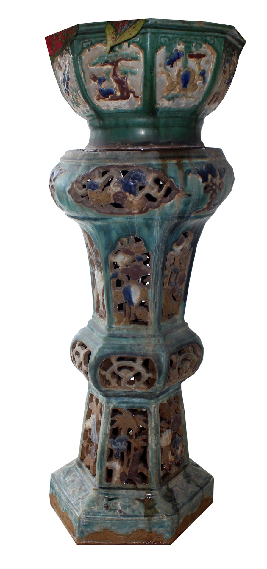 A Late Qing 19th century Chinese Shiwan ceramic pot and stand polychrome on green ground