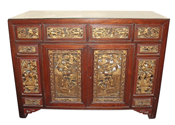 A modern carved teak brown and gold peranakan style sideboard cabinet