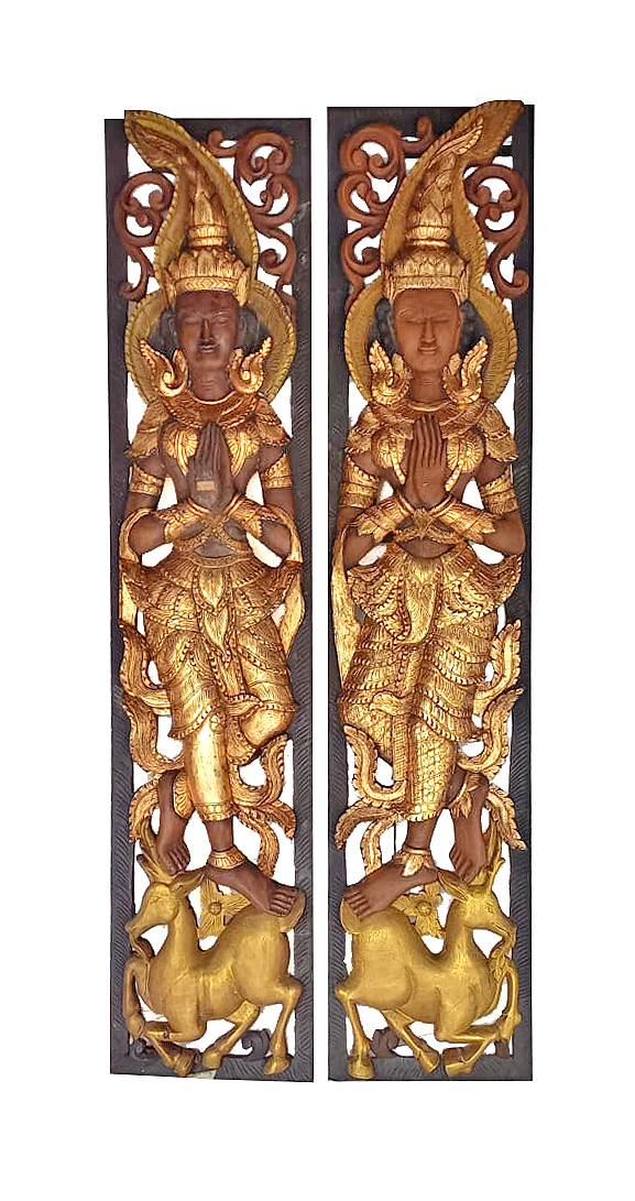 Two pieces modern large Thai carved gild wood panels