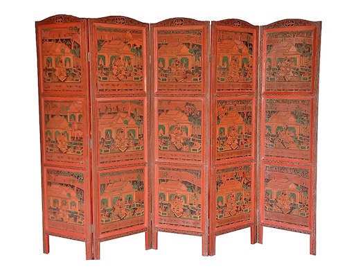 Five leaves of 20th century Thailand carved wood floor screen