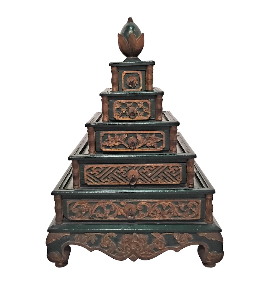 Five-tiered Peranakan Chinese carved gilt wood medicine box in the form of a botekan candi