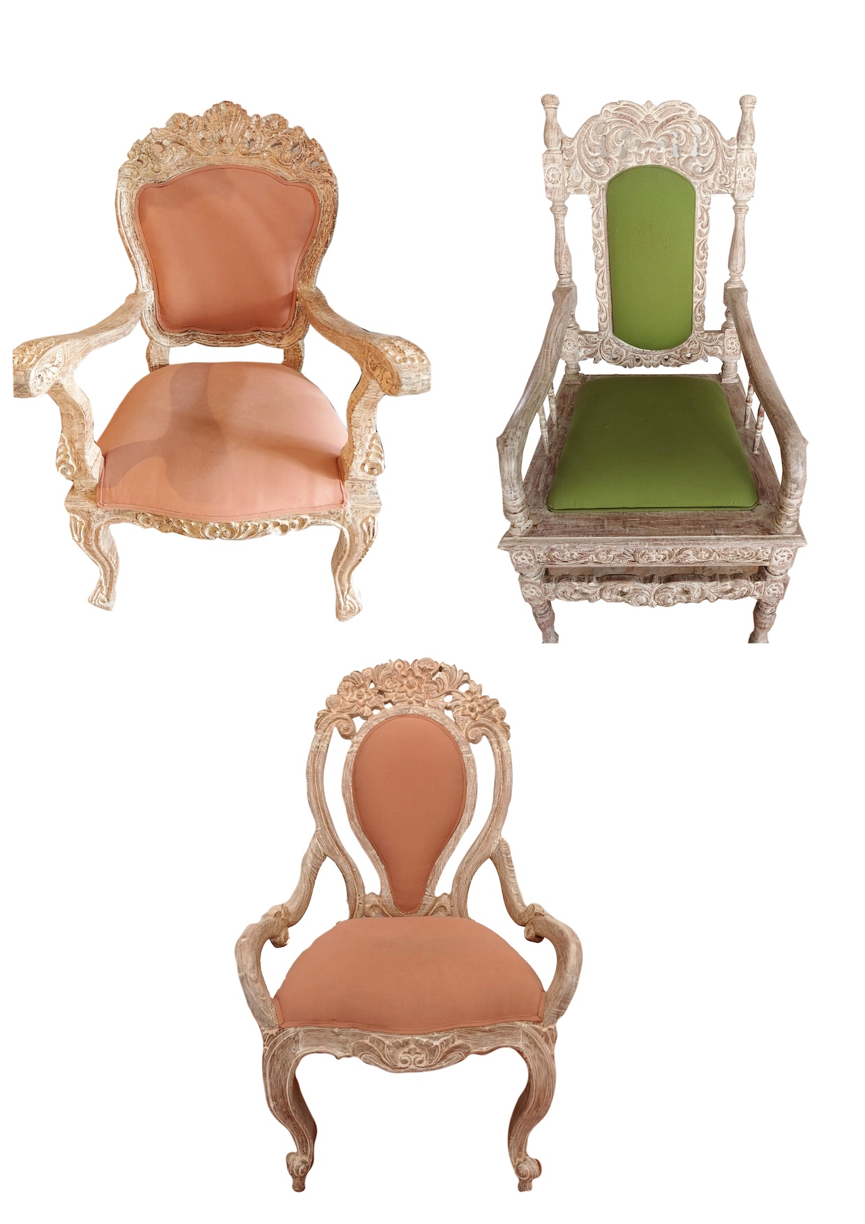 A group of three carved armchairs painted in white