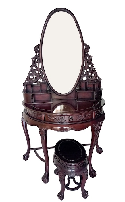 A 20th century carved rosewood dressing table mirror with stool