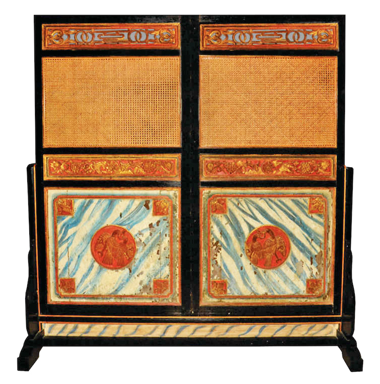 A 19 - 20th century carved and painted floor screen (pintu pagar) made of teak wood with rattan panel
