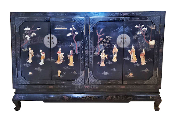 A Chinese style black laquered sideboard with soapstone decorations circa 1970’s