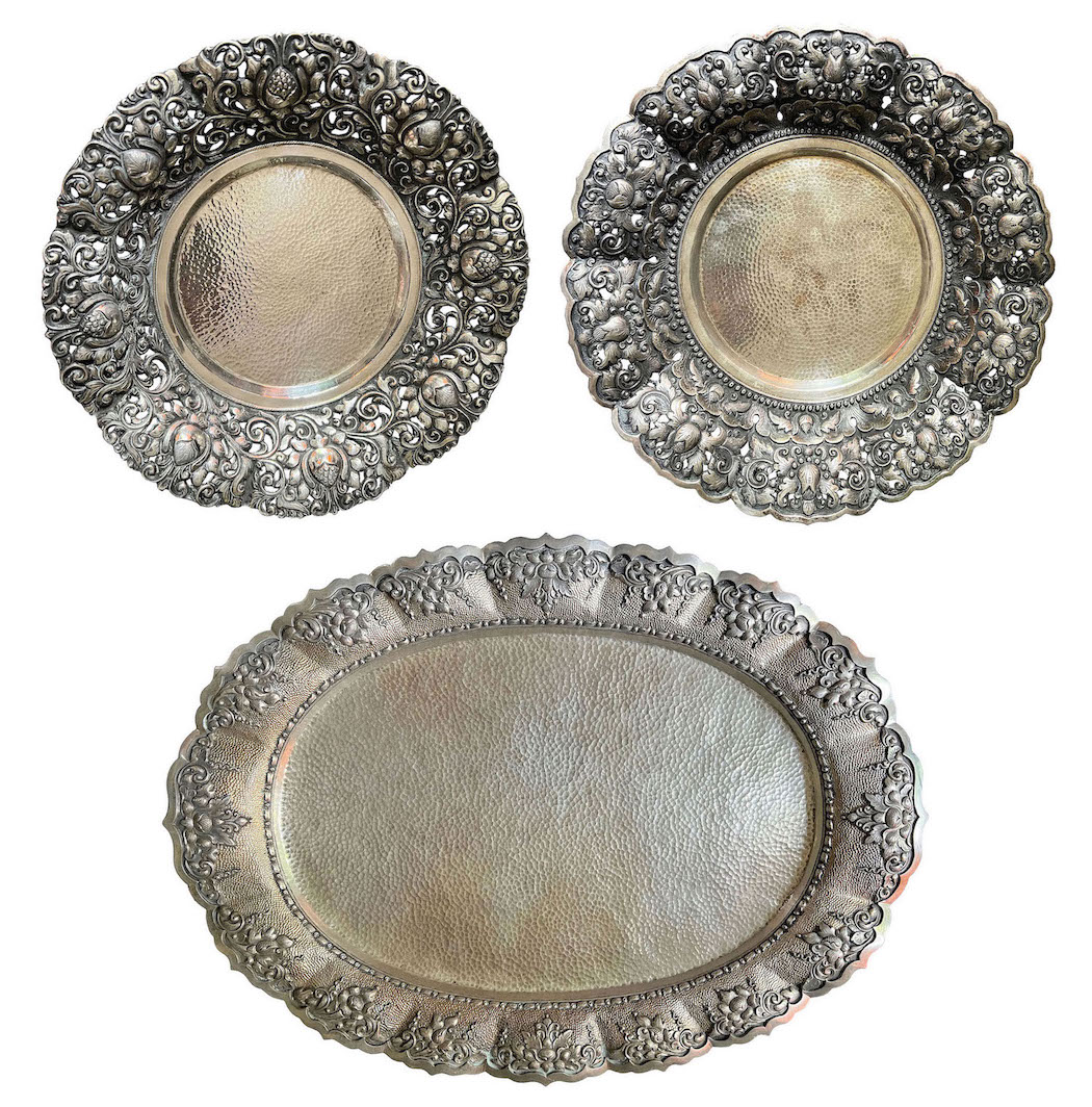 A set of three Jogja silver consisting of a plate, a footed bowl and a tray. total weight 1465 grams