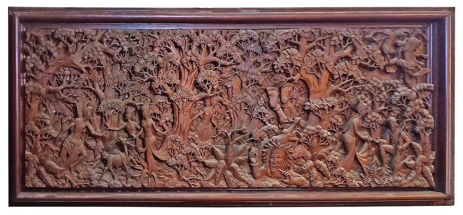 A carved teak very large panel figures and deers