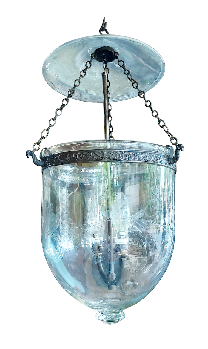 A 19th century European engraved glass hall lantern with brass mounts