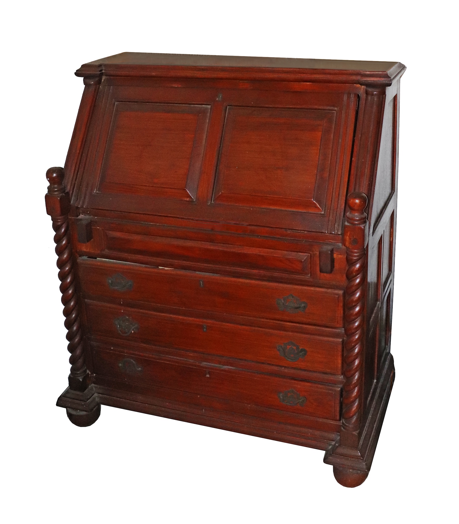 A 20th century carved teak writing desk with shelf interior