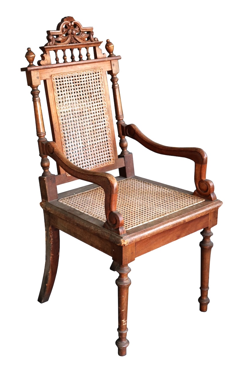 Four pieces carved teak armchairs with rattan seat and back