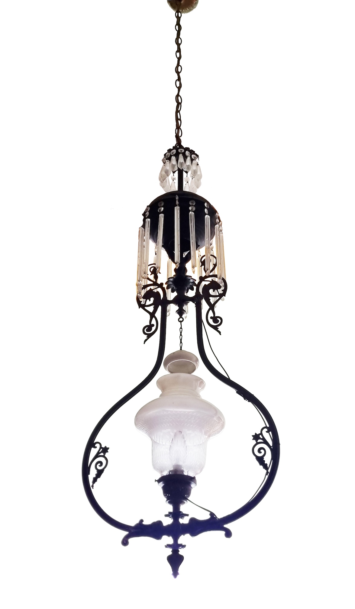 A 19th century antique European hanging oil lamp with white glass shade (modified as electric lamp).