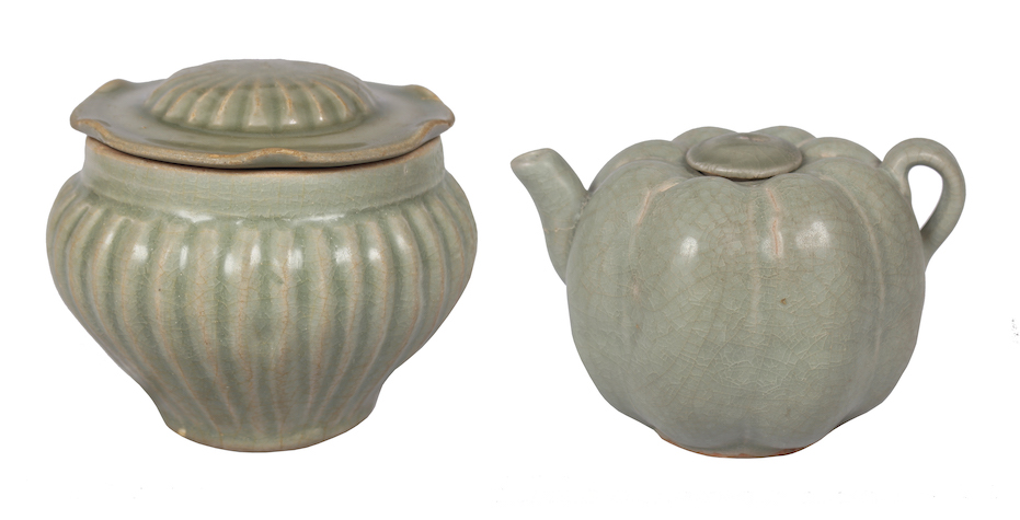 Two pieces Yuan celadon covered jar and pumpkin teapot