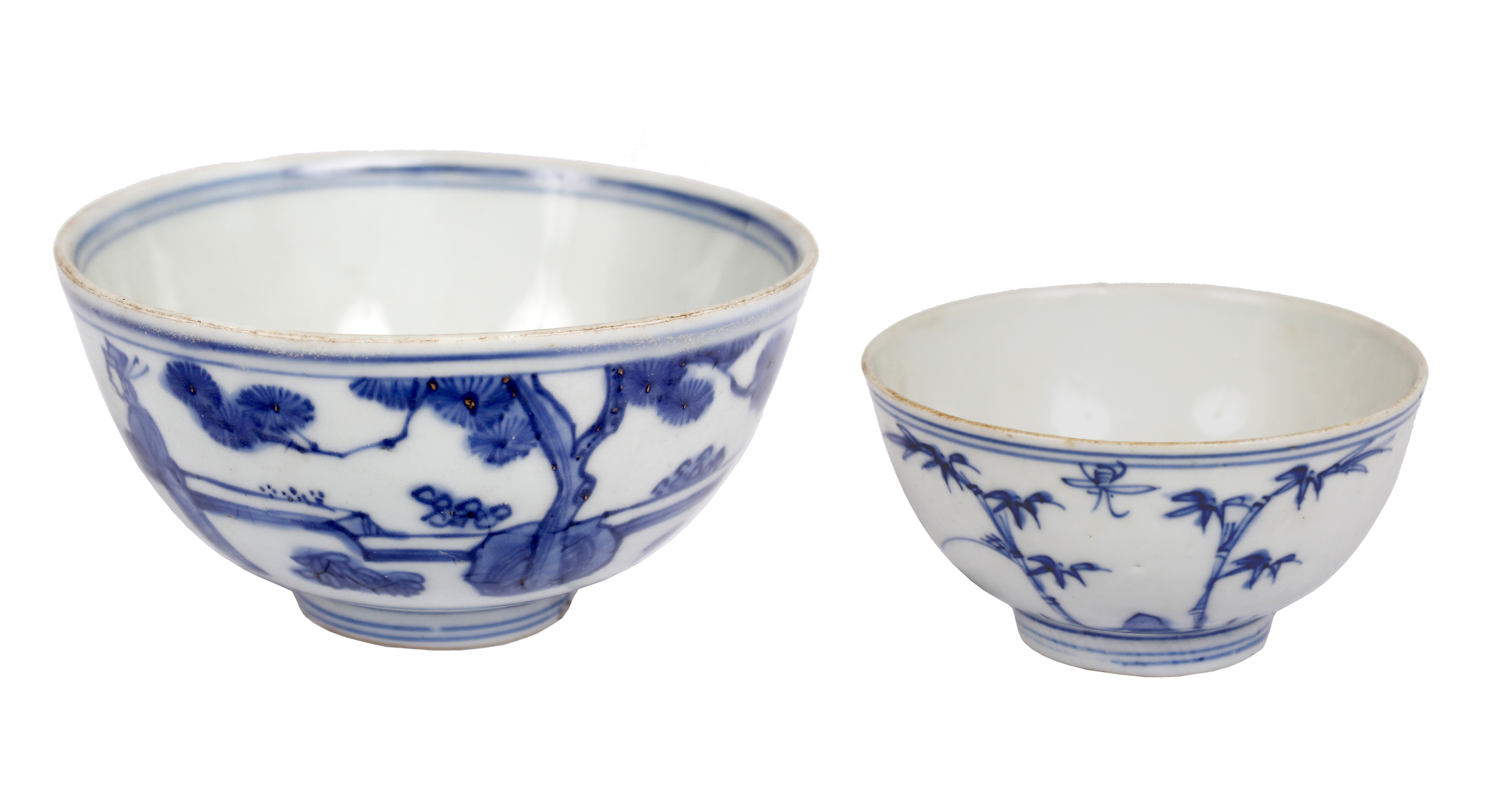 Two pieces Late Ming blue and white bowls with floral and figures decoration