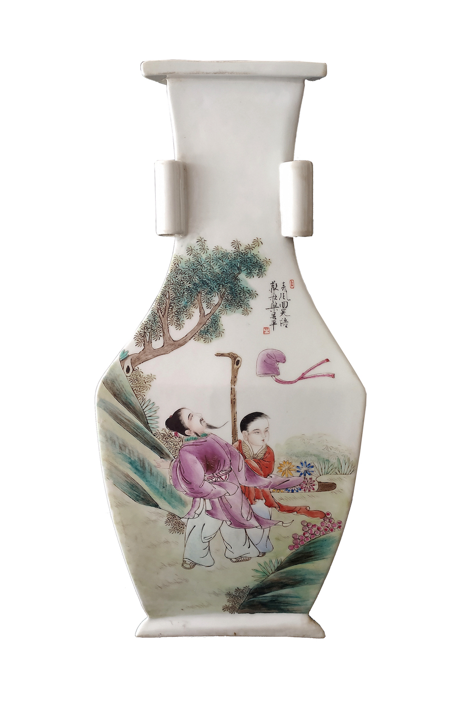 A 20th century Chinese triangle vase painted with figures and calligraphy